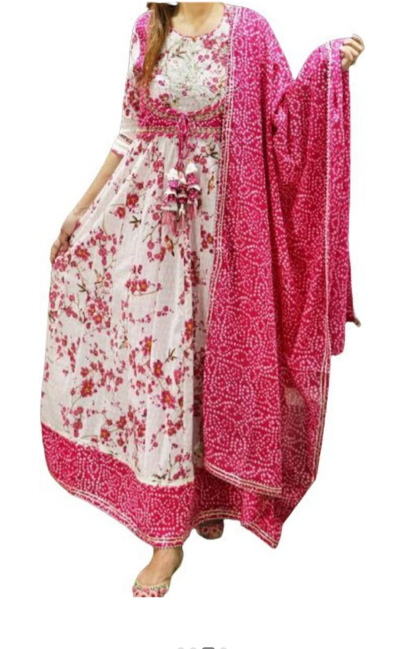 Pink Cotton Printed Long Gown and Pant with Dupatta