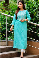 Rama Green Printed Embroidery Kurta and Pant for Women