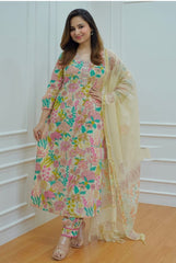 Cream Cotton Flower Print Straight Kurta and Pant with Dupatta