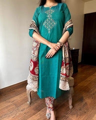 Timeless South Cotton Teal Kurta with Printed Dupatta