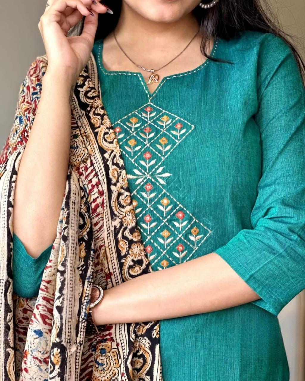 Timeless South Cotton Teal Kurta with Printed Dupatta