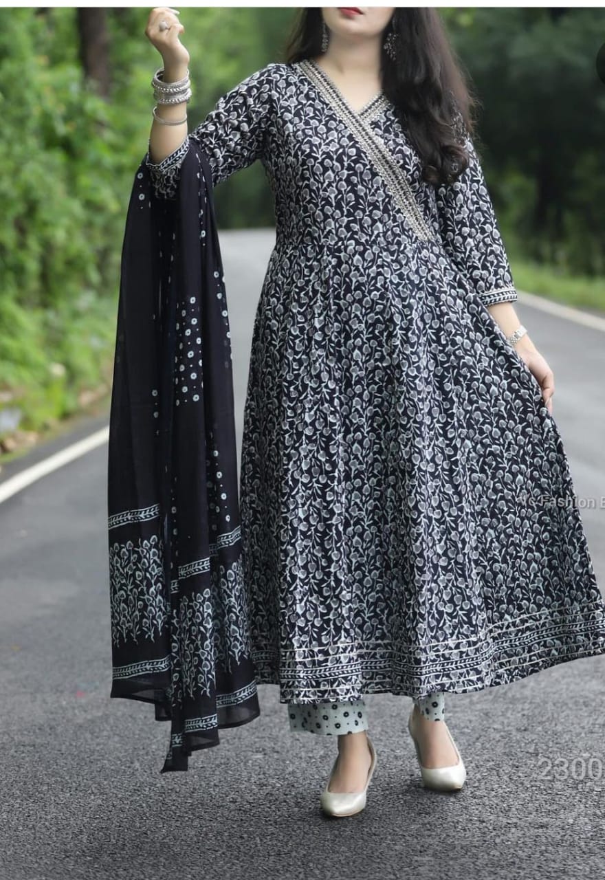 Black Cotton  Angrakha Style Flared Kurta and Pant with Dupatta