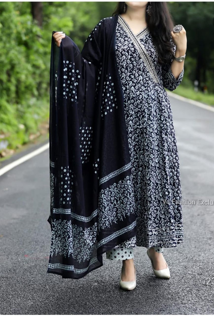 Black Cotton  Angrakha Style Flared Kurta and Pant with Dupatta