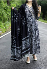 Black Cotton  Angrakha Style Flared Kurta and Pant with Dupatta