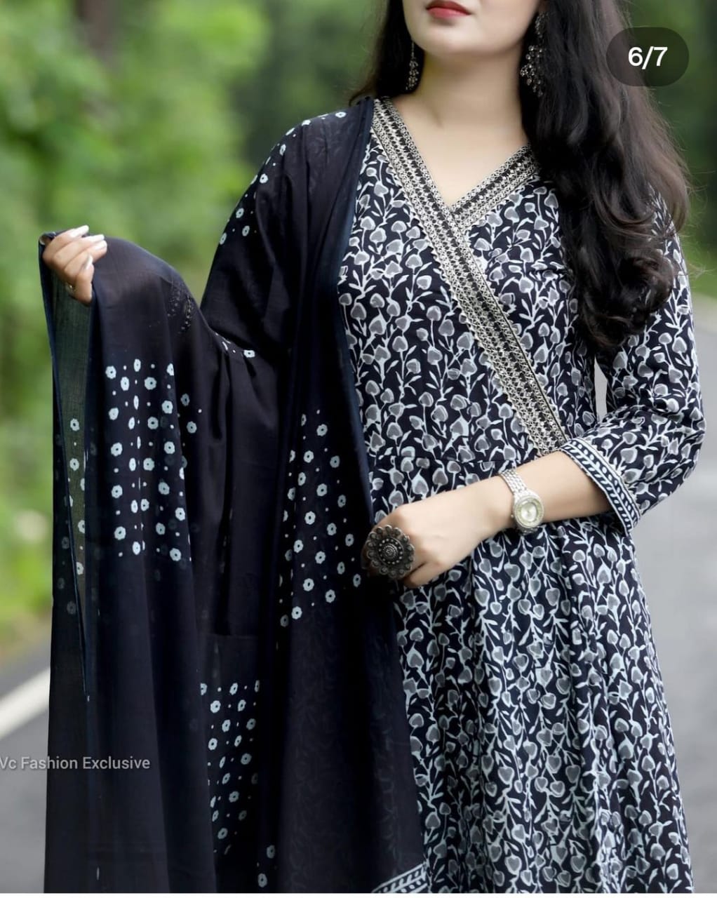 Black Cotton  Angrakha Style Flared Kurta and Pant with Dupatta