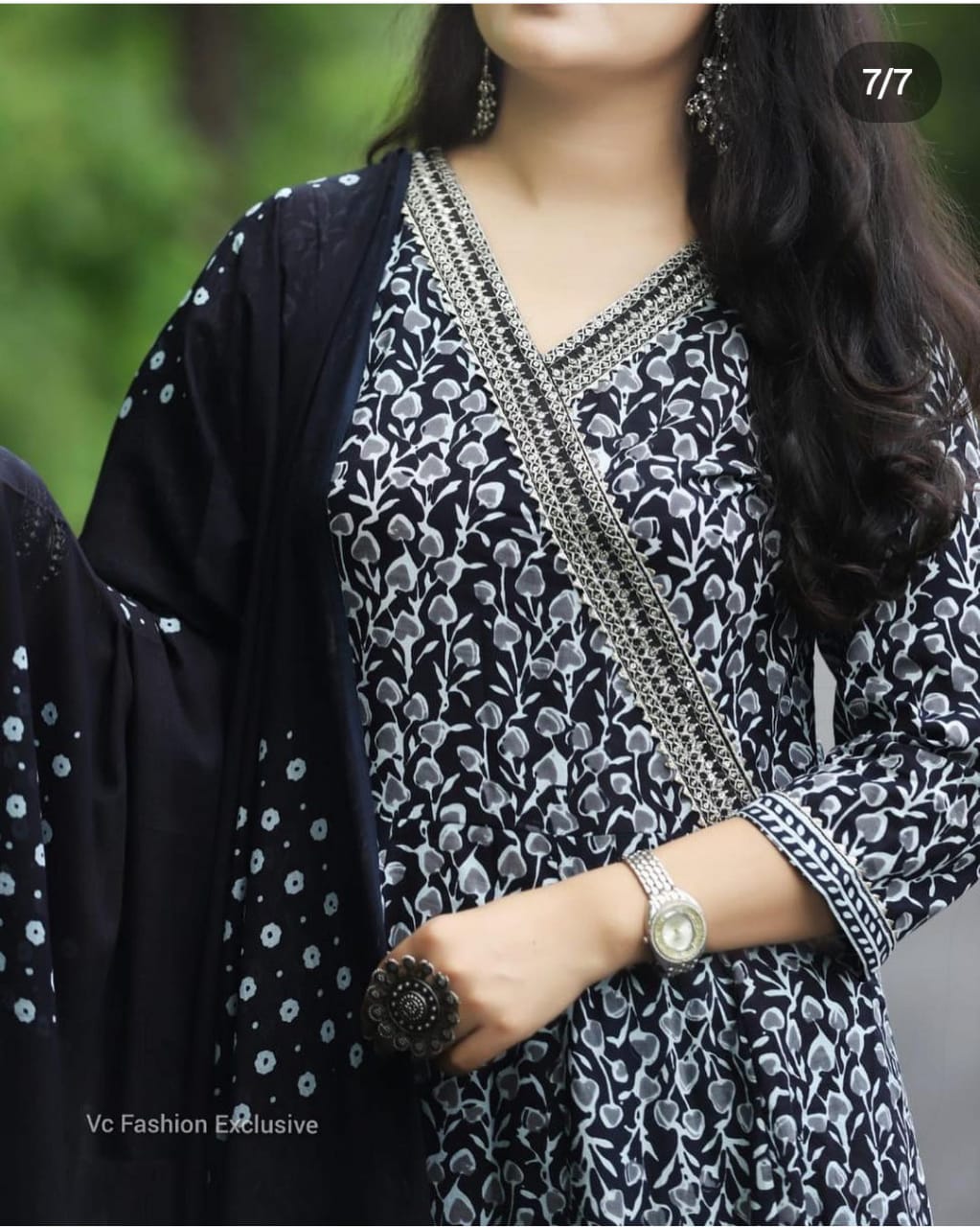 Black Cotton  Angrakha Style Flared Kurta and Pant with Dupatta