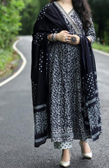 Black Cotton  Angrakha Style Flared Kurta and Pant with Dupatta