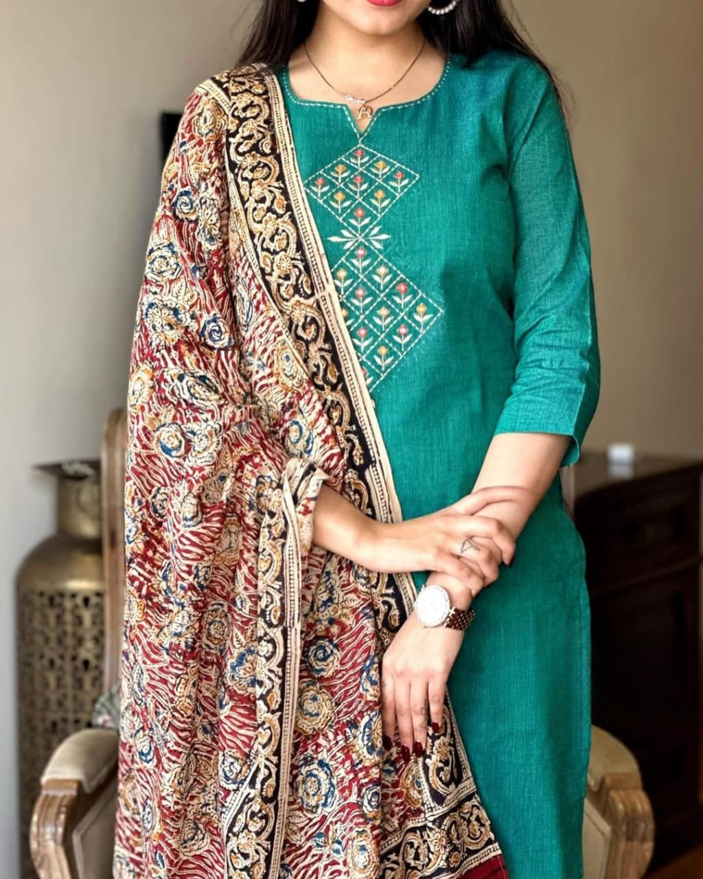 Timeless South Cotton Teal Kurta with Printed Dupatta