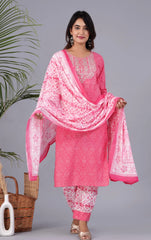 Pink Cotton Afgani  Printed Embroidery Kurta and Pant with Dupatta