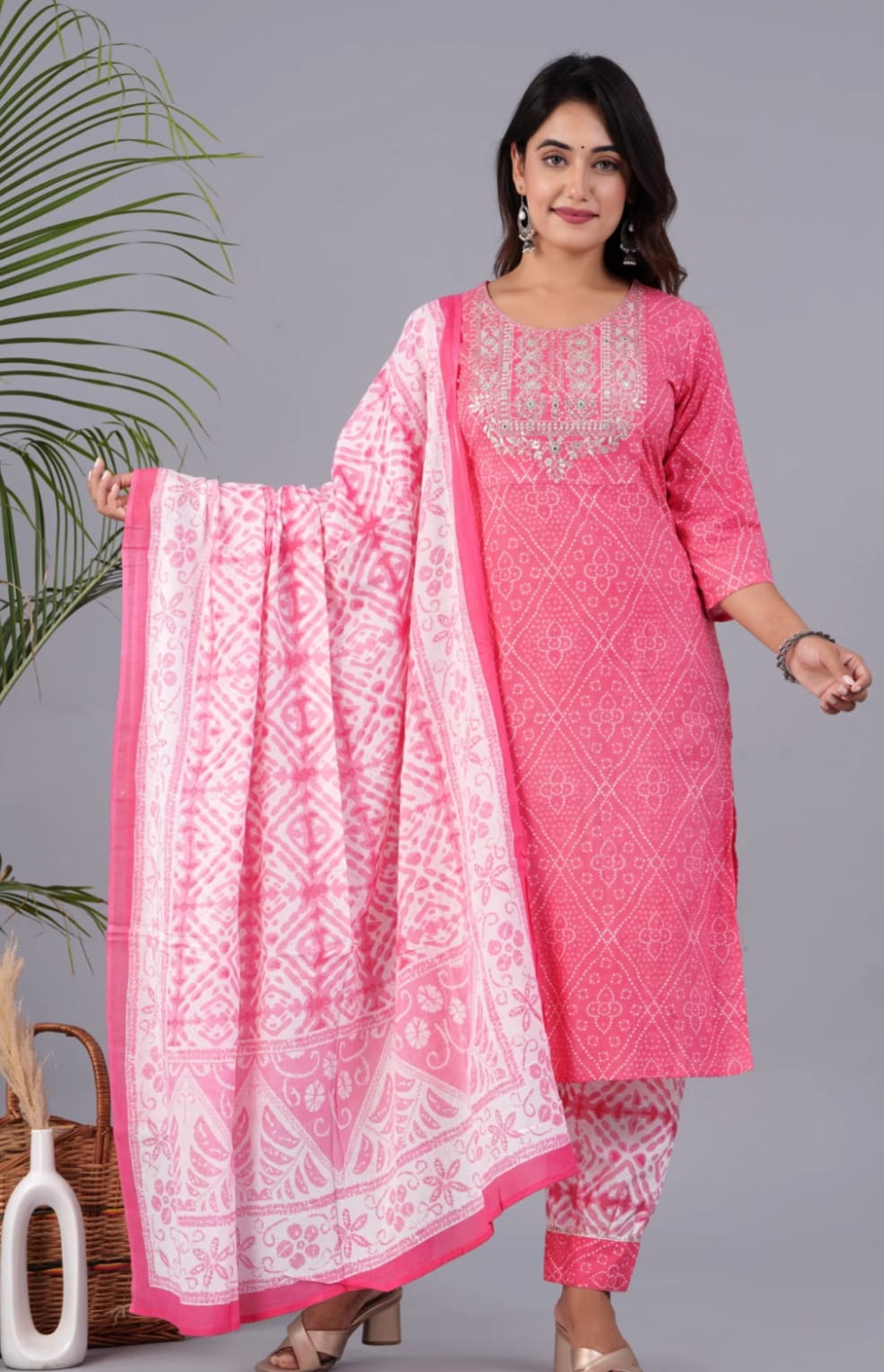 Pink Cotton Afgani  Printed Embroidery Kurta and Pant with Dupatta