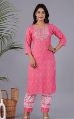 Pink Cotton Afgani  Printed Embroidery Kurta and Pant with Dupatta