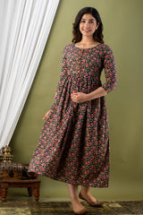 Cotton Fedding Gown Blue Red Flower Print