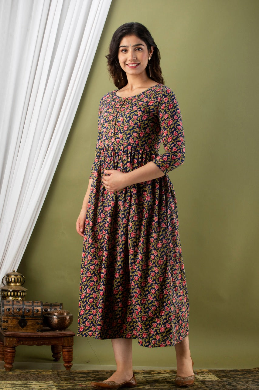 Cotton Fedding Gown Blue Red Flower Print