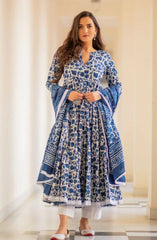 Indigo Color Cotton Flaired Kurta and Pant with Dupatta