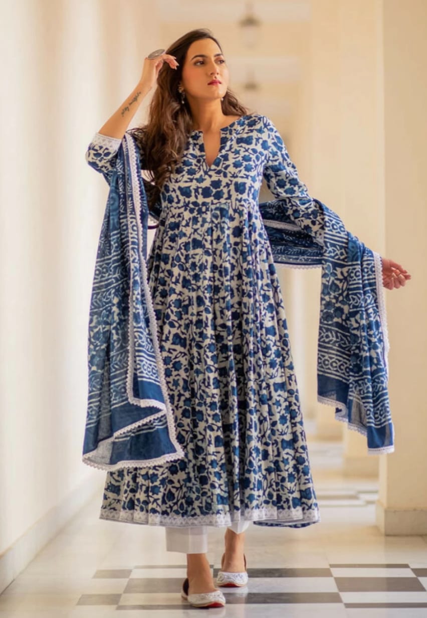 Indigo Color Cotton Flaired Kurta and Pant with Dupatta