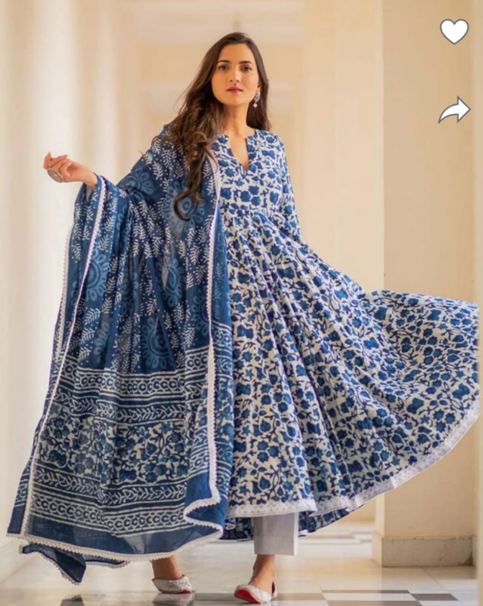 Indigo Color Cotton Flaired Kurta and Pant with Dupatta