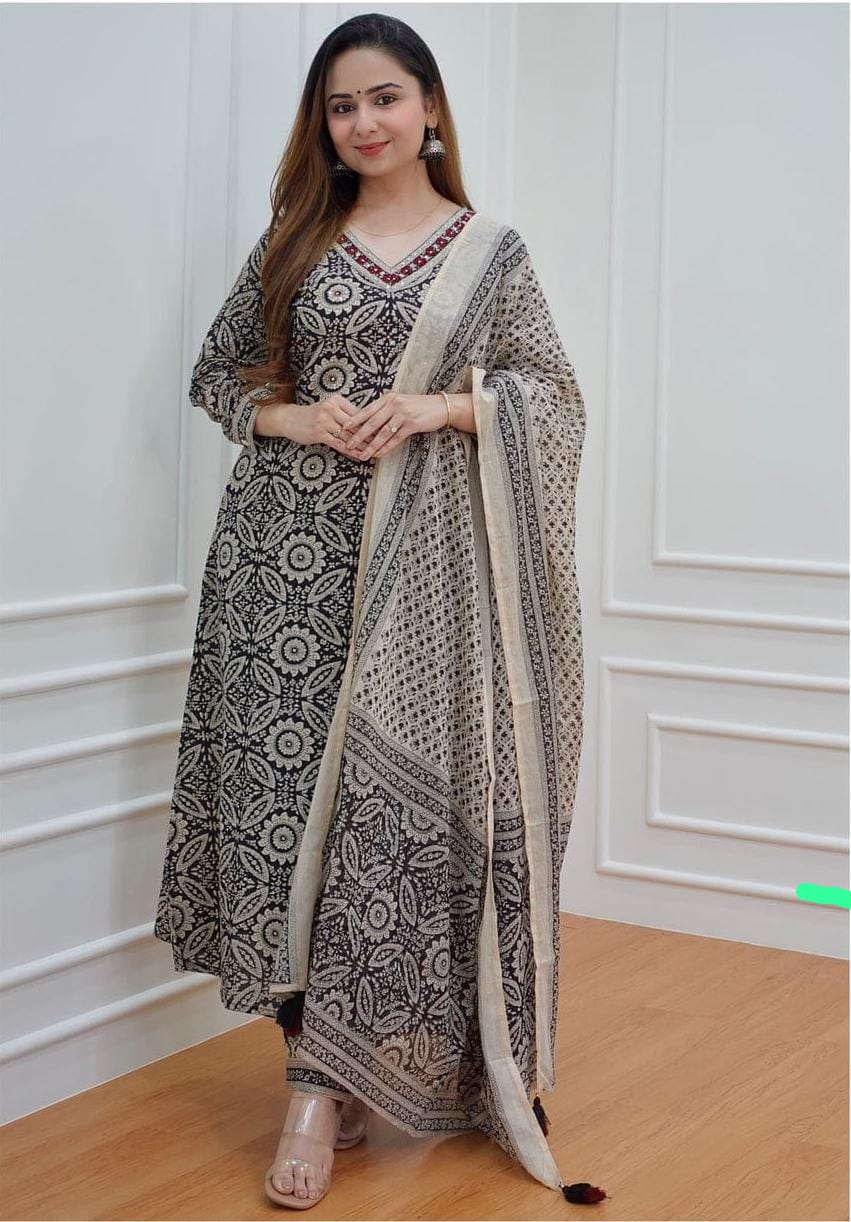 Black Cotton Printed Kurta and Pant with Dupatta