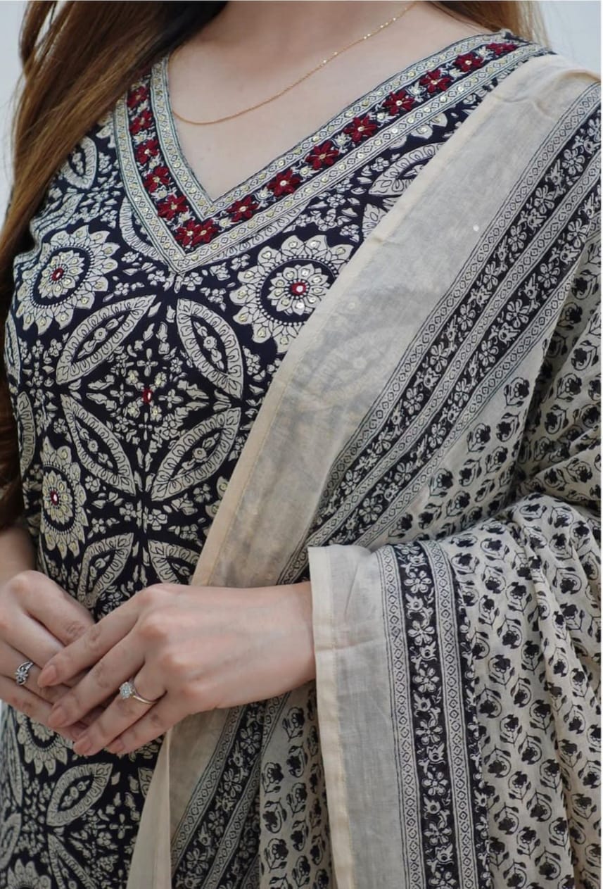 Black Cotton Printed Kurta and Pant with Dupatta
