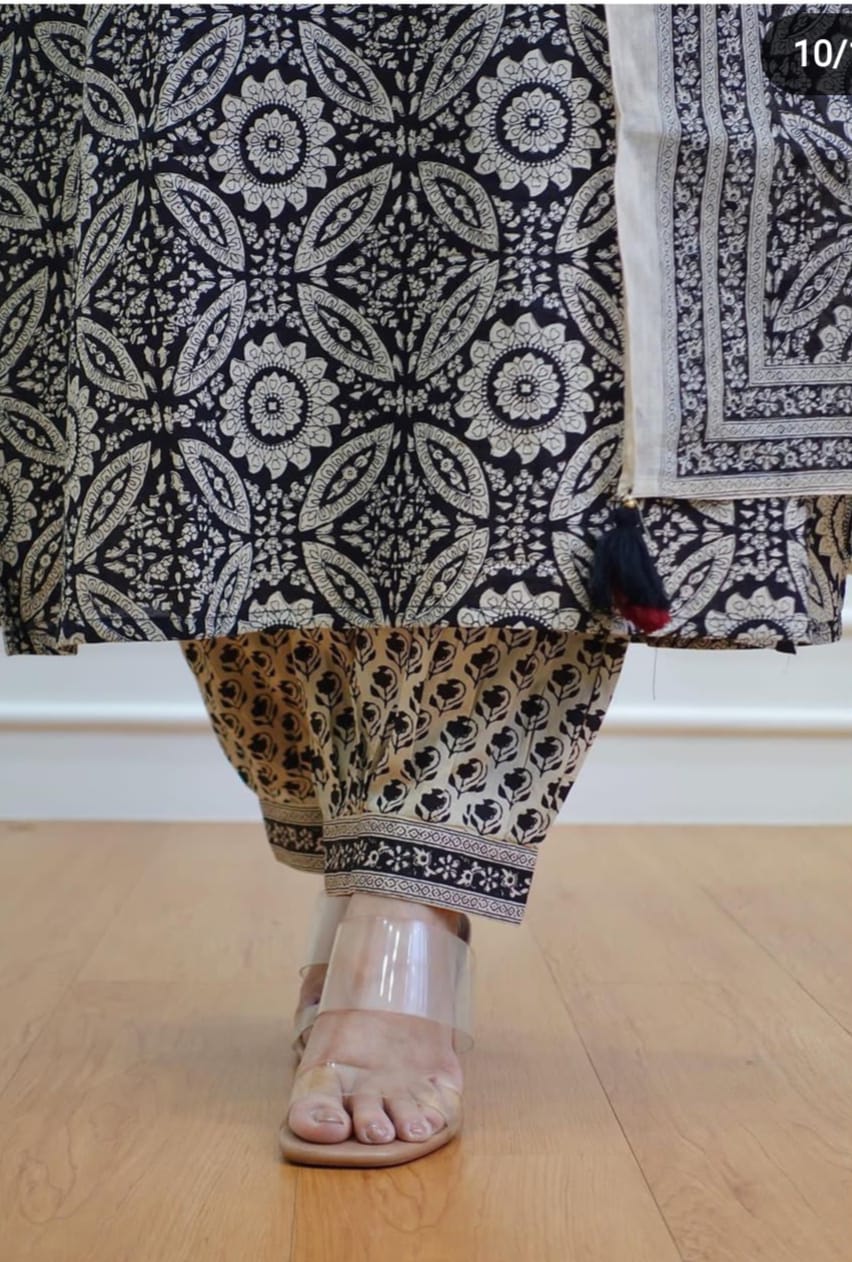 Black Cotton Printed Kurta and Pant with Dupatta