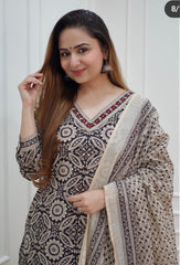 Black Cotton Printed Kurta and Pant with Dupatta