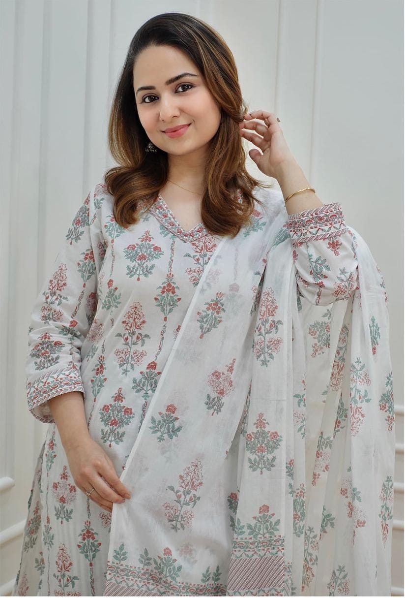 Off White Cotton Block Print Straight Kurta and  Pant with Dupatta