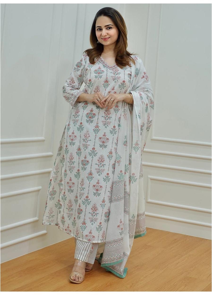 Off White Cotton Block Print Straight Kurta and  Pant with Dupatta