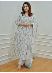 Off White Cotton Block Print Straight Kurta and  Pant with Dupatta