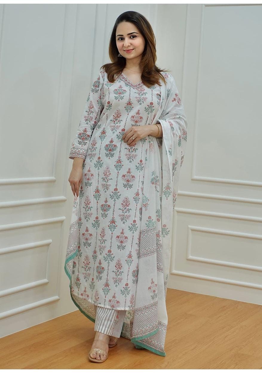 Off White Cotton Block Print Straight Kurta and  Pant with Dupatta