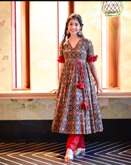 Cotton Patola Print Flaired Kurti With Pant