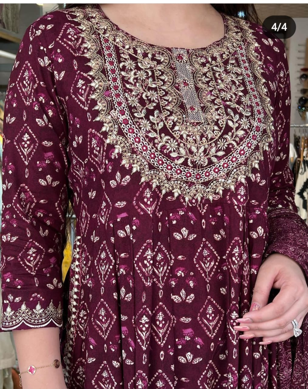 Wine Cotton Naira Cut Printed Embroidered Kurta and Pant with Dupatta