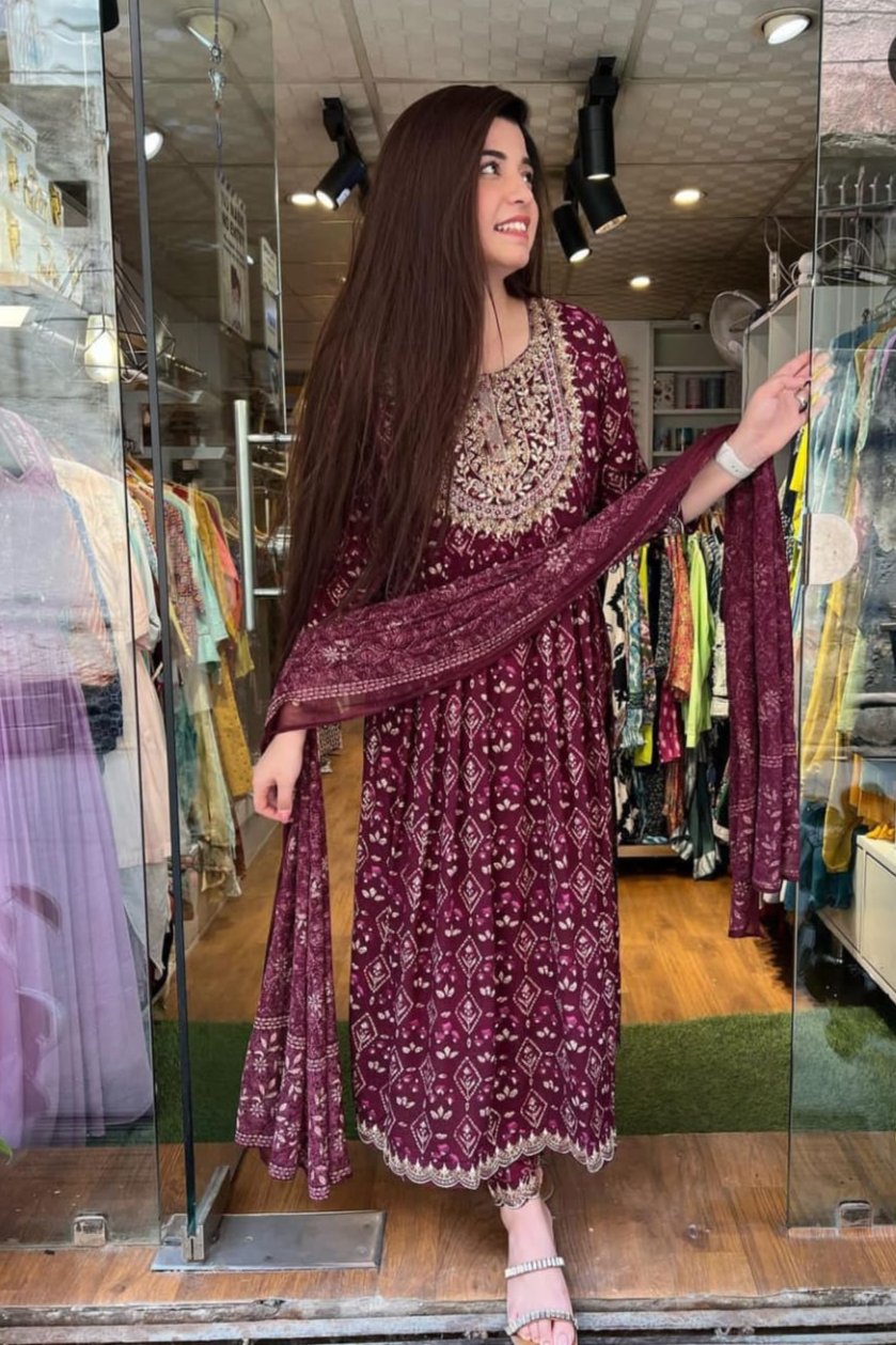 Wine Cotton Naira Cut Printed Embroidered Kurta and Pant with Dupatta