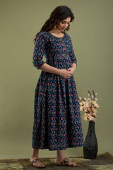 Cotton Fedding Gown Dark Blue Red Flower Print