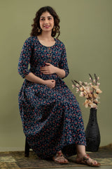 Cotton Fedding Gown Dark Blue Red Flower Print