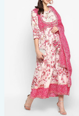 Pink Cotton Printed Long Gown and Pant with Dupatta