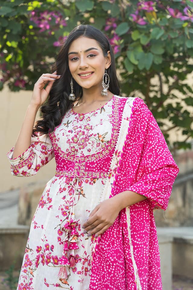 Pink Cotton Printed Long Gown and Pant with Dupatta