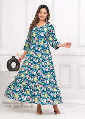 Rayon Printed Green Flower Long Gown