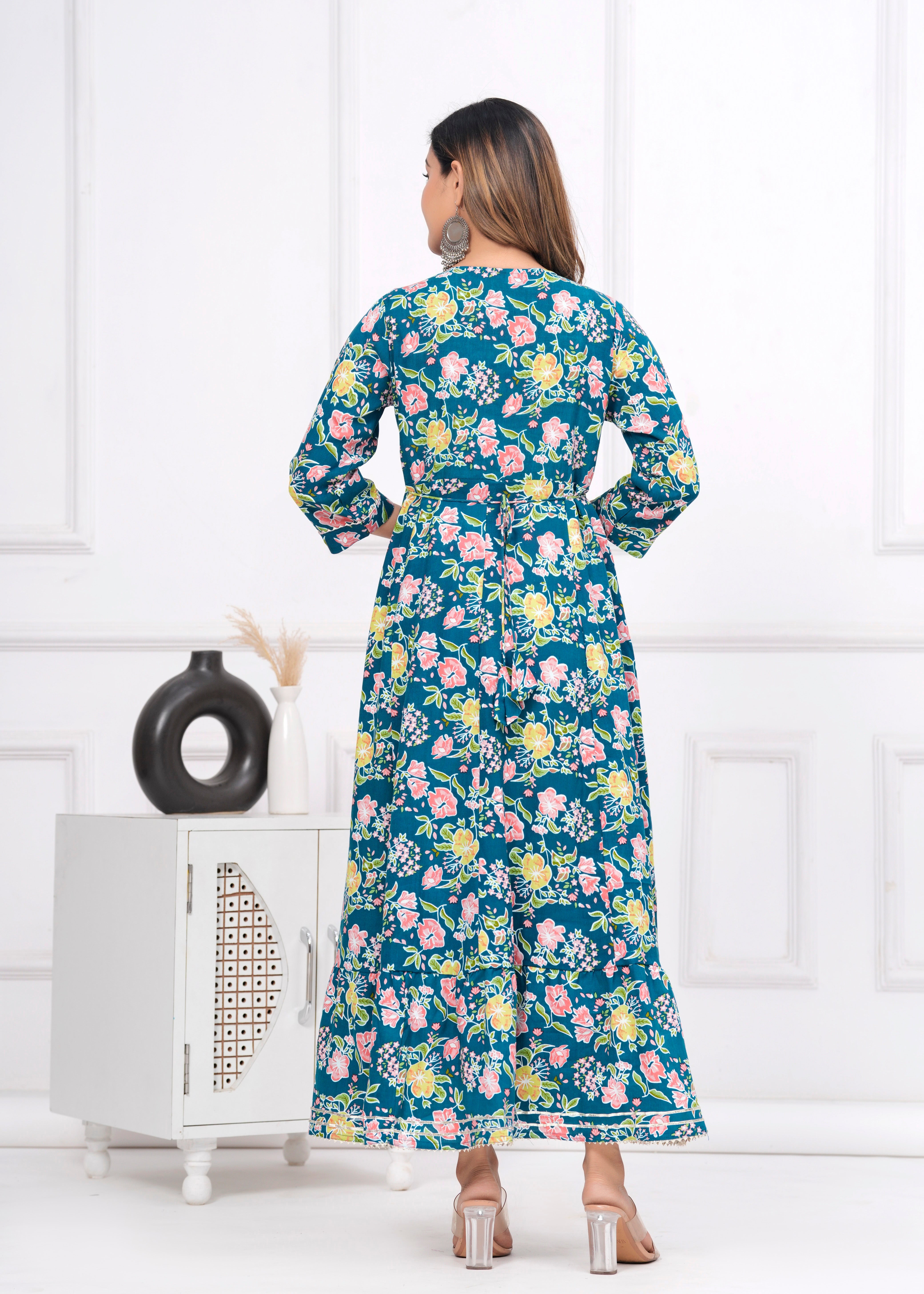 Rayon Printed Green Flower Long Gown