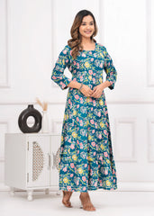 Rayon Printed Green Flower Long Gown