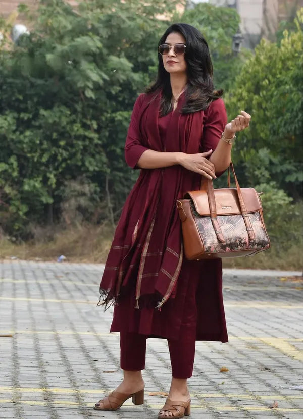 Premium Cotton Maroon Kurta Pant With Dupatta Set