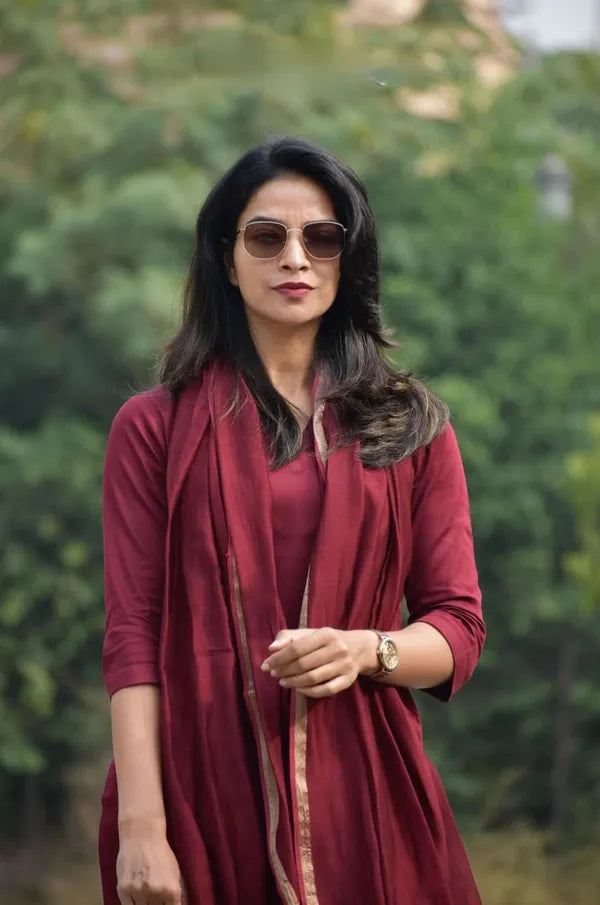 Premium Cotton Maroon Kurta Pant With Dupatta Set