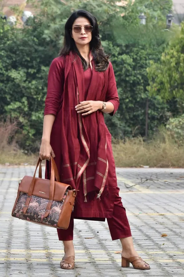Premium Cotton Maroon Kurta Pant With Dupatta Set