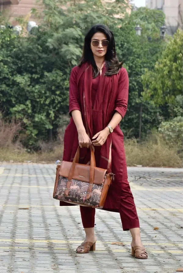 Premium Cotton Maroon Kurta Pant With Dupatta Set