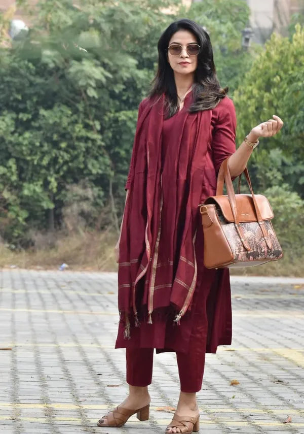 Premium Cotton Maroon Kurta Pant With Dupatta Set