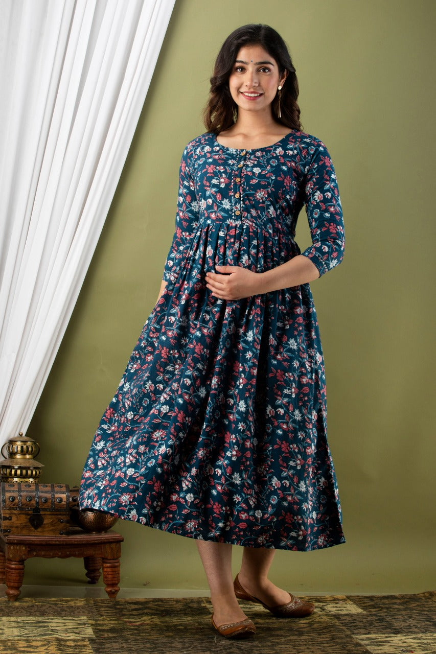 Cotton Fedding Gown Royal Blue Red Flower Print