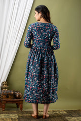 Cotton Fedding Gown Royal Blue Red Flower Print