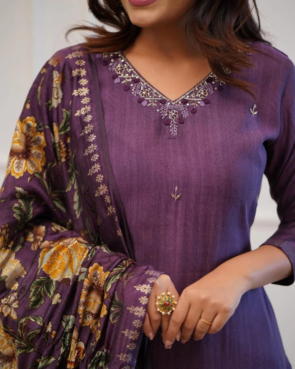 Plum Rayon Kurta Pant With Muslin Dupatta Set