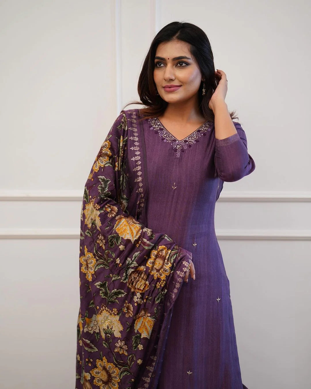 Plum Rayon Kurta Pant With Muslin Dupatta Set