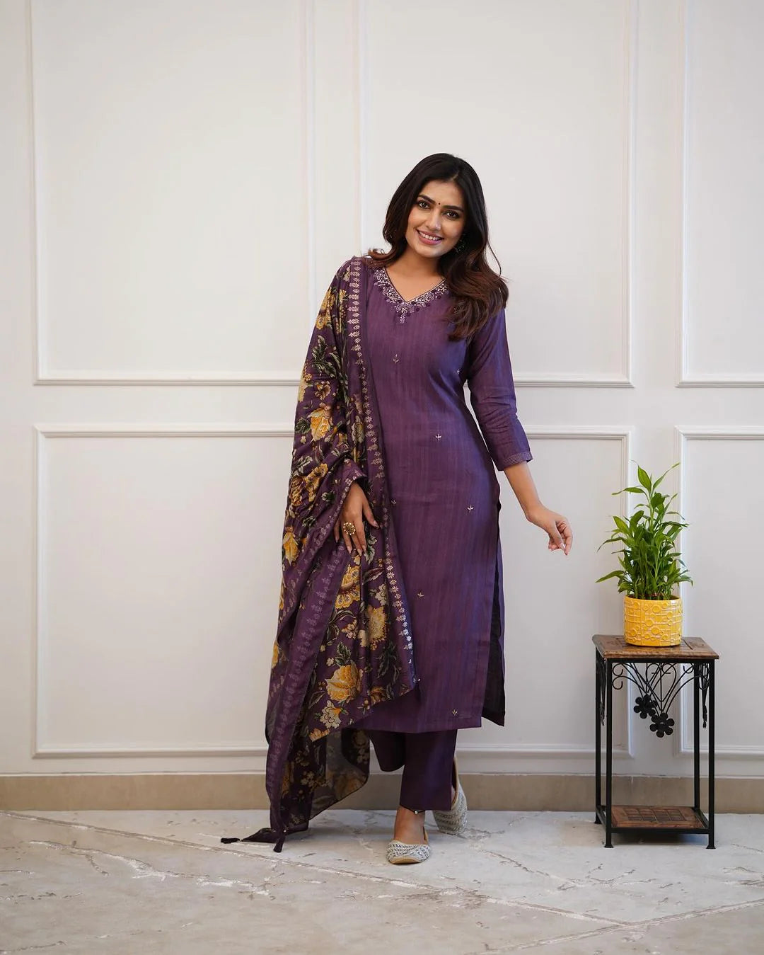 Plum Rayon Kurta Pant With Muslin Dupatta Set