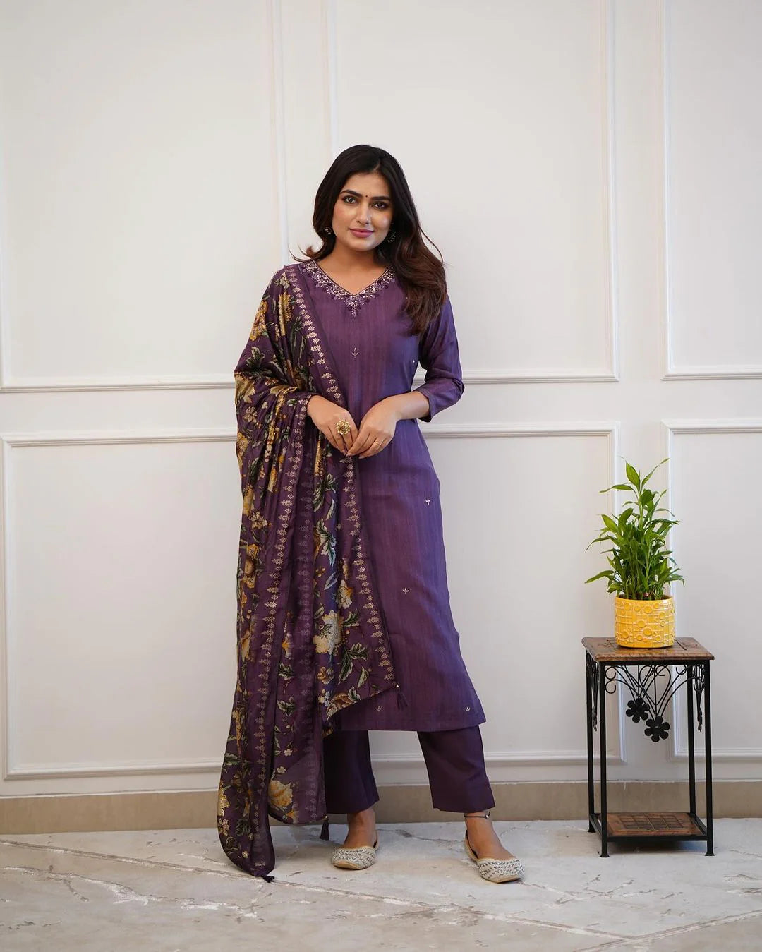 Plum Rayon Kurta Pant With Muslin Dupatta Set