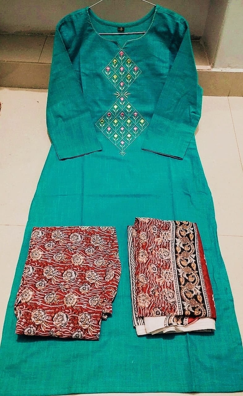 Timeless South Cotton Teal Kurta with Printed Dupatta